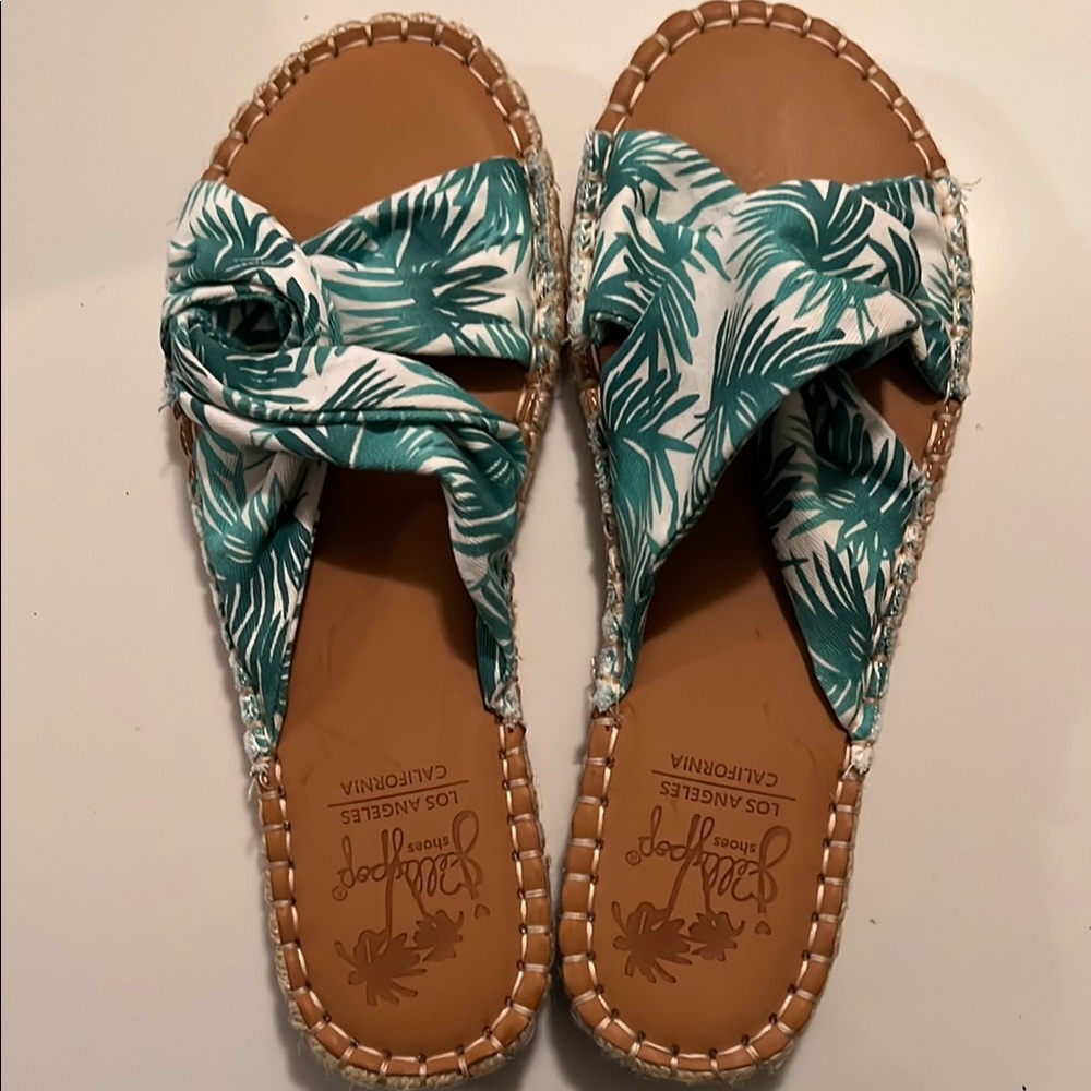 Blowfish Green and Brown Sandals Tropical Leaf Design